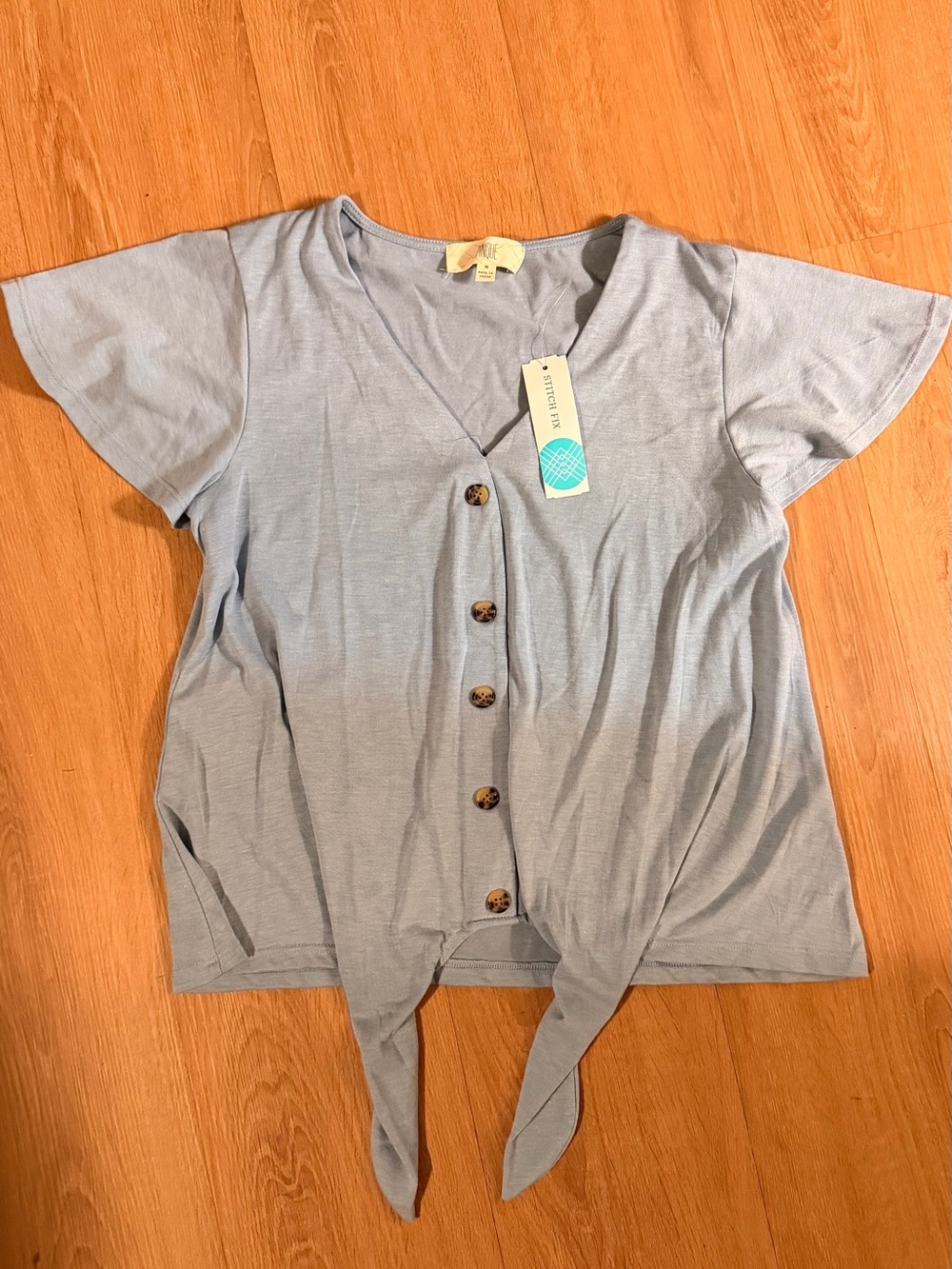 Stitch Fix Light Blue Tie-Front Button V-Neck Blouse